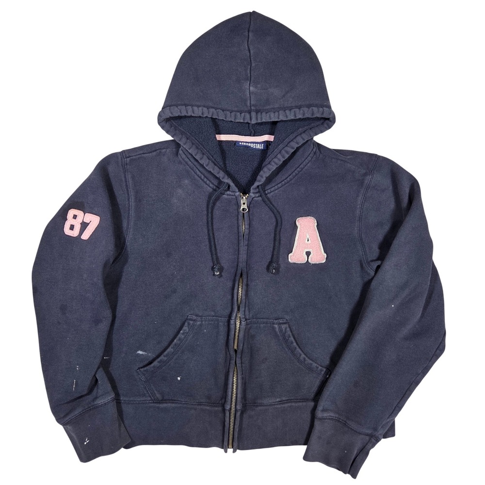 Aeropostale Womens XL Navy Blue Pink Varsity 87 Full Zip Hoodie Sweatshirt